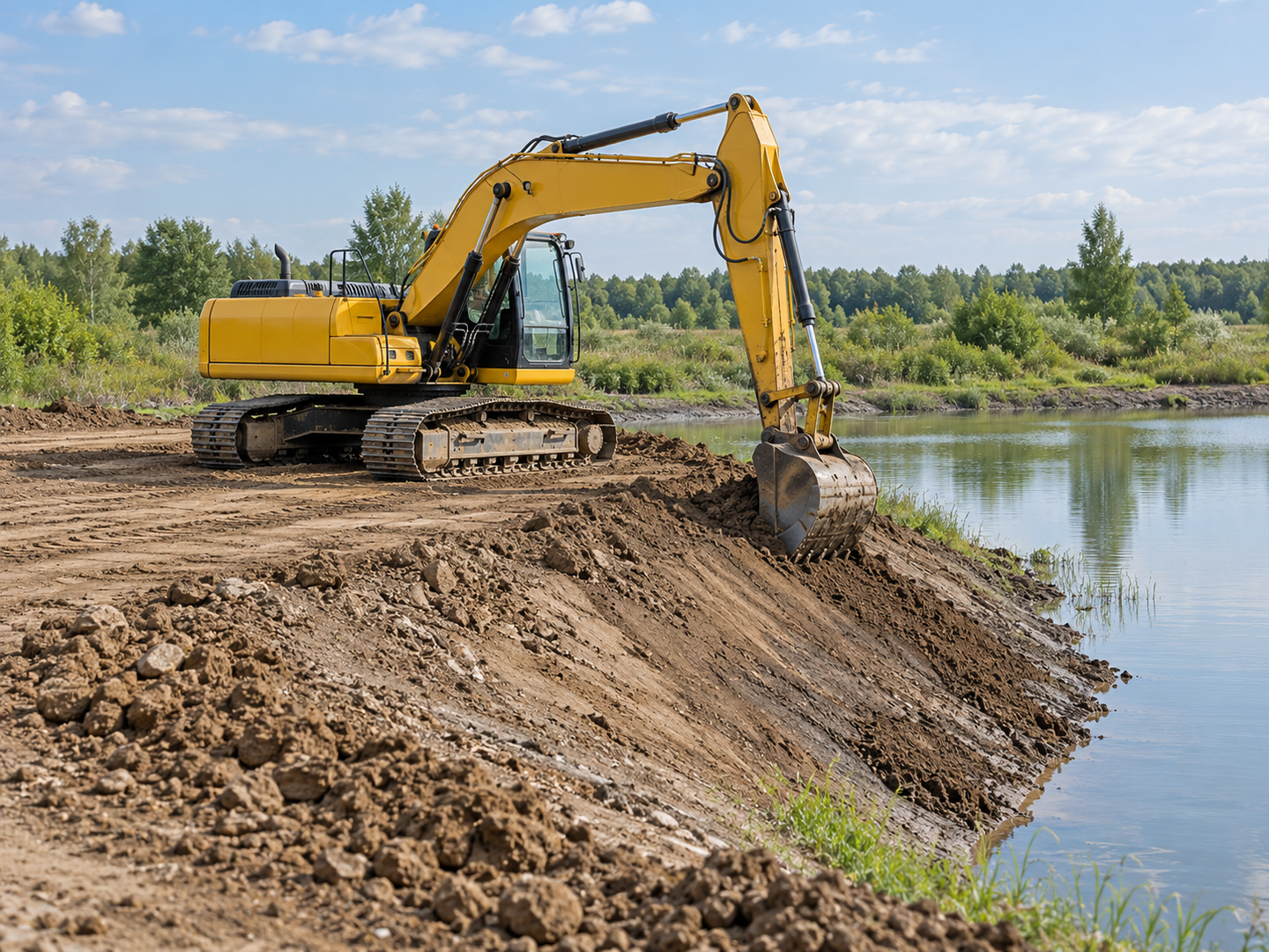 Экскаватор выполняет земляные работы на берегу водоёма