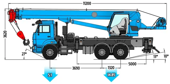 Габаритные размеры  автокрана Клинцы КС-55713-1К-1В