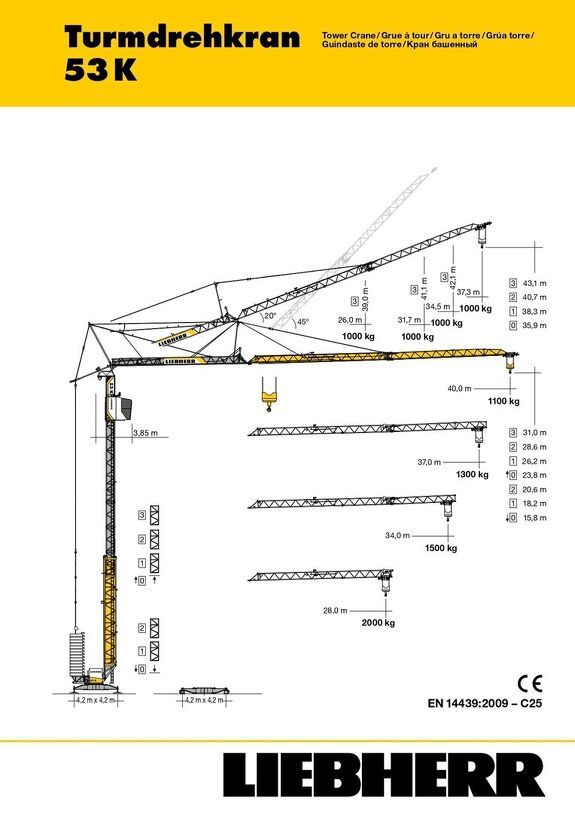 Грузовысотные характеристики башенного крана Liebherr 53 K