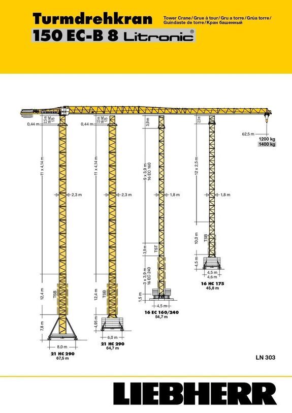 Грузовысотные характеристики башенного крана Liebherr 150 EC-B 8 Litronic