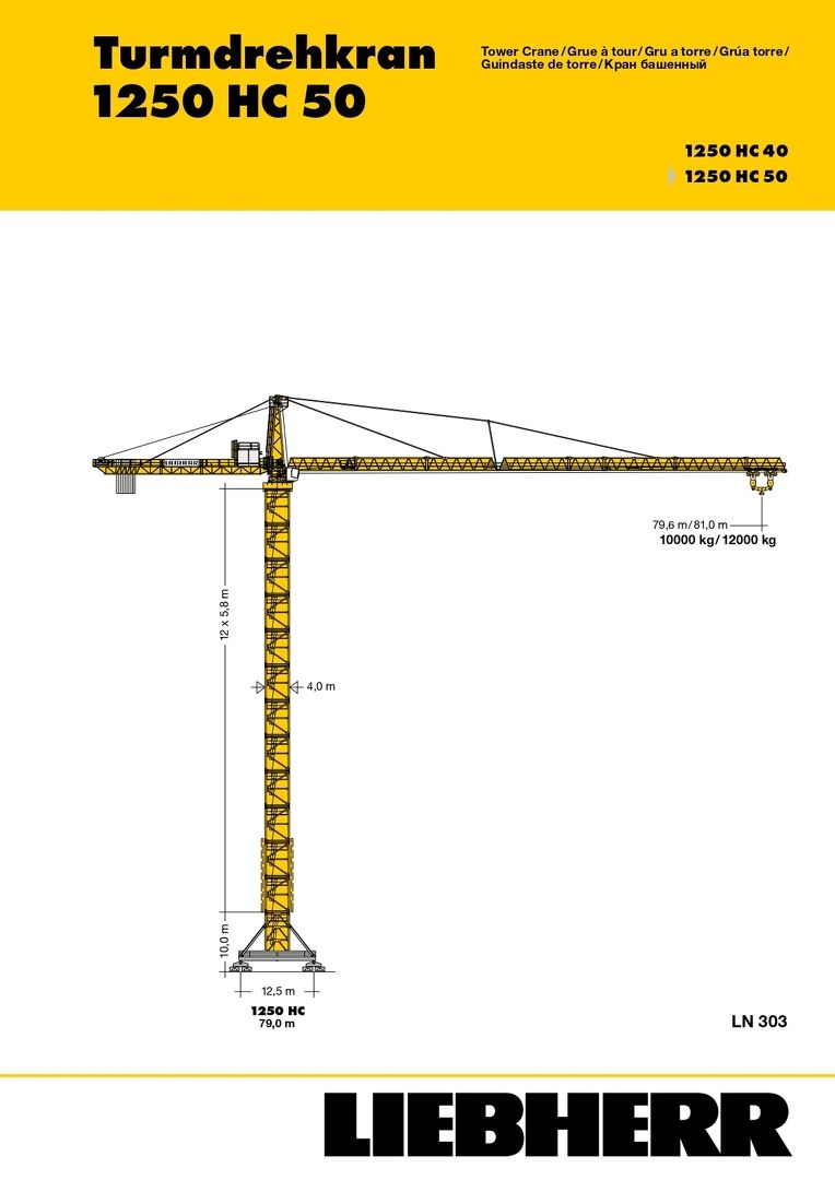 Грузовысотные характеристики башенного крана Liebherr Liebherr 1250 HC 500