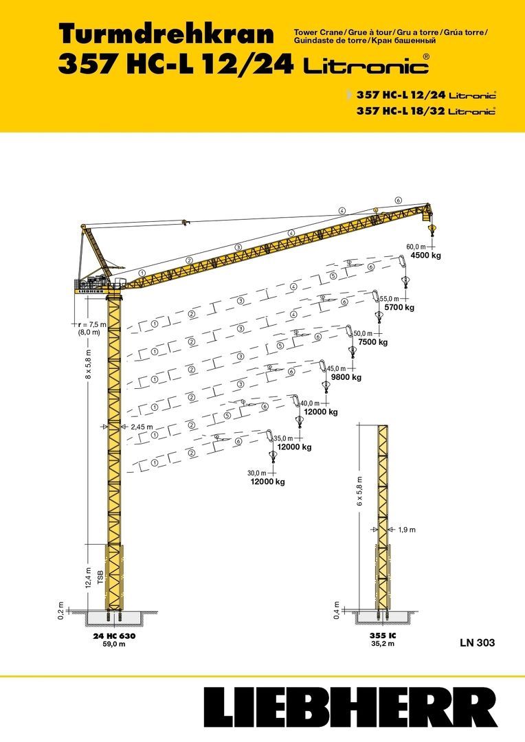 Грузовысотные характеристики башенного крана  Liebherr 357 HC-L 12/24 Litronic