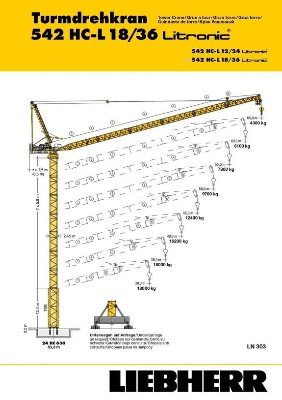 Грузовысотные характеристики башенного крана Liebherr 542 HC-L 18/36 Litronic